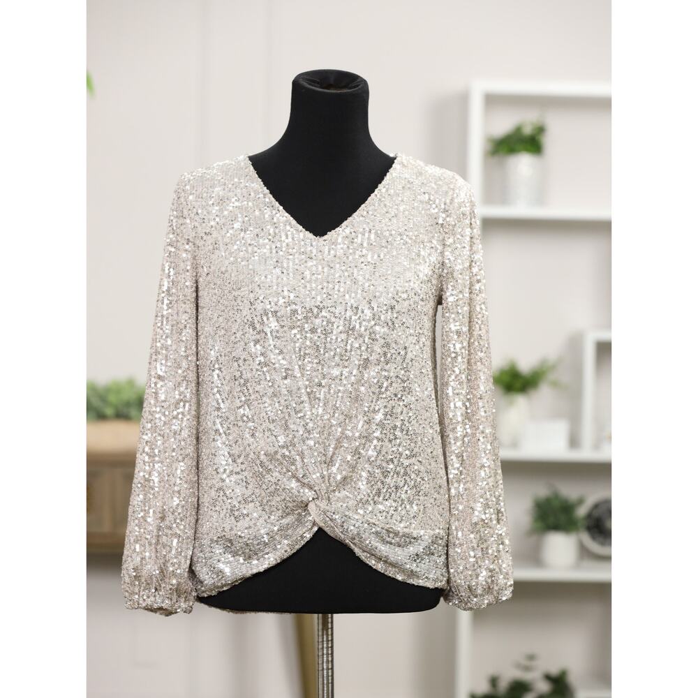 Sachin & Babi Peyton Silver Sequin Twist Front NWT $395 Retail Balloon Sleeve 6 - Picture 2 of 12